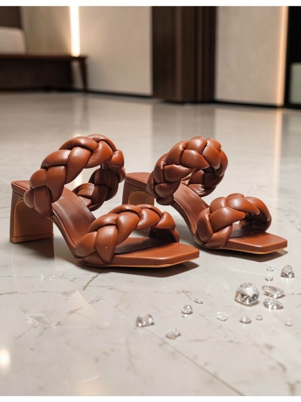 Braided Brown Block Heel Sandals With Square Toe Womens Stylish Open-Toe Slip-On